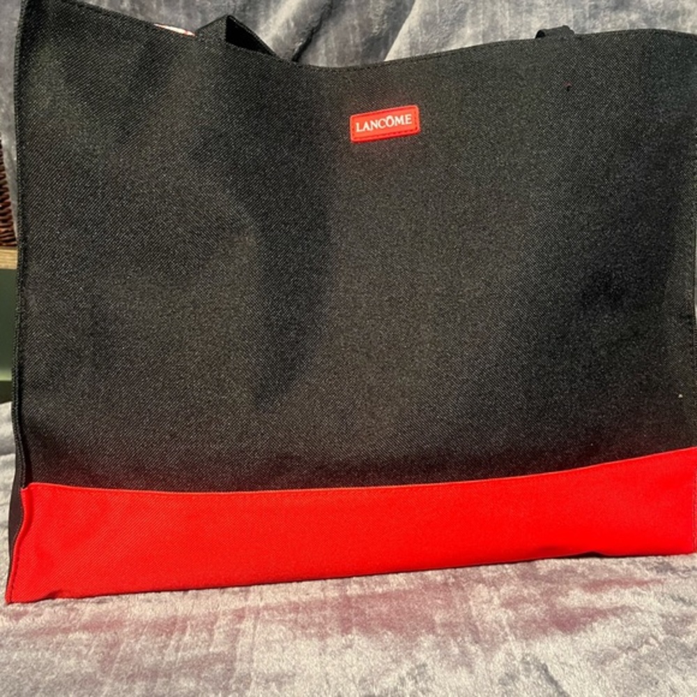 Lancôme Canvas Tote Bag Black & Red with Multicolored Lining Snap button closure